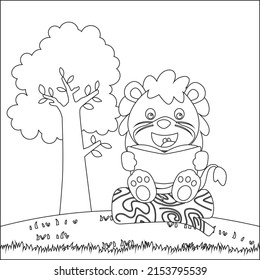 Ilustración de un león gracioso sentado en el tronco del árbol leyendo un libro. Vector creativo Diseño infantil para niños actividad libro de colorear o página.