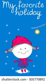 Illustration of funny little girl looking at Christmas ball on Christmas tree branch with inscription My favorite holiday