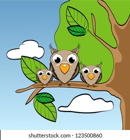 Illustration of funny little owls on branch