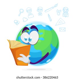 Illustration of funny mascot earth reading a book