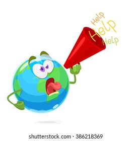 Illustration of funny mascot earth with a red megaphone