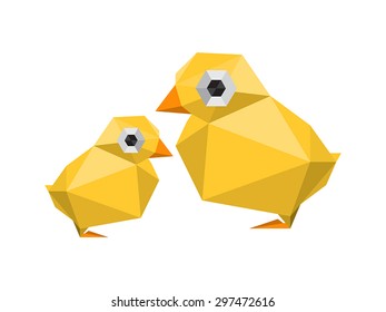 Illustration of funny, modern origami chickens isolated on white background