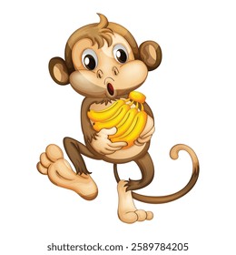 Illustration of a funny monkey holding a green branch on a white background