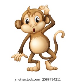 Illustration of a funny monkey holding a green branch on a white background