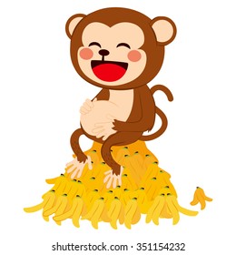 Illustration of funny monkey rubbing belly on top of a pile of eaten banana peels