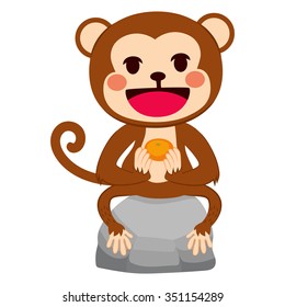 Illustration of funny monkey sitting on stone with mandarin orange tangerine fruit on his hands