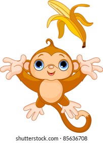 Illustration of funny Monkey trying to catch banana