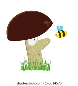 Illustration - funny mushroom and bee (vector)