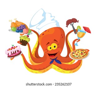 illustration of a funny octopus cook
