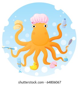 An illustration of a funny octopus ready for bath. All elements are on separate layers, easy to edit. File is in CMYK colours.