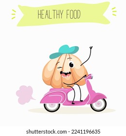Illustration with funny onion and garlic characters. Funny and healthy food. Vitamins, Food with a cute face, ingredients, antioxidant, vegetarianism, Vector cartoon.