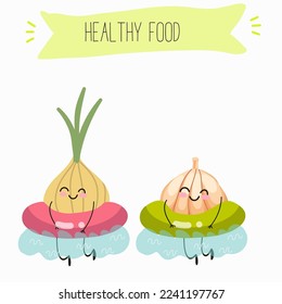 Illustration with funny onion and garlic characters. Funny and healthy food. Vitamins, Food with a cute face, ingredients, antioxidant, vegetarianism, Vector cartoon.