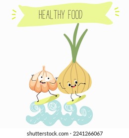 Illustration with funny onion and garlic characters. Funny and healthy food. Vitamins, Food with a cute face, ingredients, antioxidant, vegetarianism, Vector cartoon.