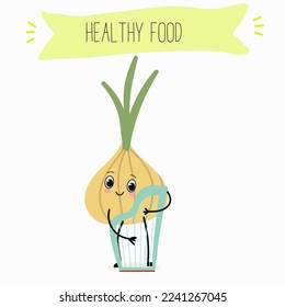 Illustration with funny onion and garlic characters. Funny and healthy food. Vitamins, Food with a cute face, ingredients, antioxidant, vegetarianism, Vector cartoon.