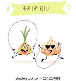 Illustration with funny onion and garlic characters. Funny and healthy food. Vitamins, Food with a cute face, ingredients, antioxidant, vegetarianism, Vector cartoon.