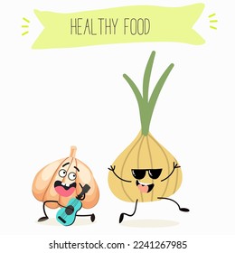 Illustration with funny onion and garlic characters. Funny and healthy food. Vitamins, Food with a cute face, ingredients, antioxidant, vegetarianism, Vector cartoon.