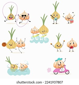 Illustration with funny onion and garlic set, collection of characters. Funny and healthy food. Vitamins, Food with a cute face, ingredients, antioxidant, vegetarianism, Vector cartoon.