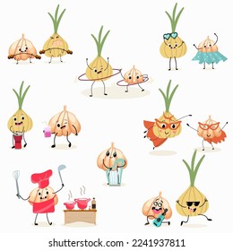 Illustration with funny onion and garlic set, collection of characters. Funny and healthy food. Vitamins, Food with a cute face, ingredients, antioxidant, vegetarianism, Vector cartoon.