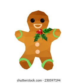 Illustration of funny origami gingerbread with red ribbon and holly leaves isolated on white background