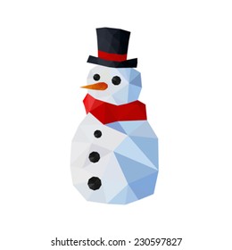 Illustration of funny origami snowman with gentleman hat and red scarf