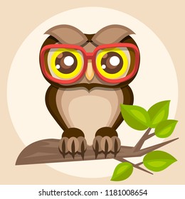 Illustration of a funny owl in glasses sitting on a branch. Vector