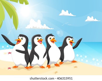 illustration of funny penguin cartoon on the beach