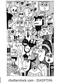 illustration funny people crowd bubble head characters cartoon smile happy
