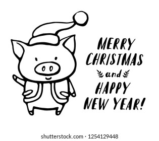Illustration of funny pig character in Santas clothes. Vector set hand drawn illustration. Christmas card, poster, t-shirt composition, hand drawn print. 
