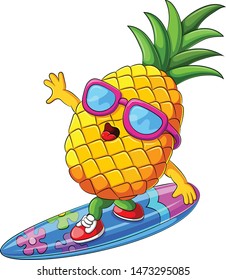 illustration of funny pineapple cartoon surfing