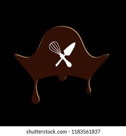 Illustration of funny pirate hat from chocolate. Icon on blackground. Melting chocolate hat. kitchen scoop and whisk logo design