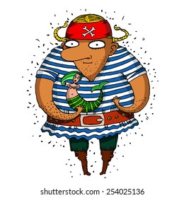 Illustration, funny pirate holding a mermaid.
