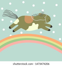  Illustration of funny pony galloping on the rainbow on the blue background with polka dots. Animal cartoon. Childish print for nursery,  apparel, poster, postcard and child's room, t-short and ect.