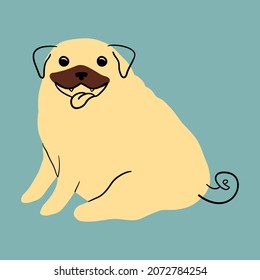 Illustration of a funny pug dog in doodle hand drawn style