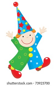 Illustration of a funny puppet clown in stars and circles costume, red shoes and stars hat. Clown run with raised hands and smile.