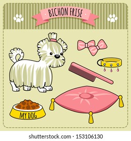 illustration of funny puppy and accessories. bichon frise