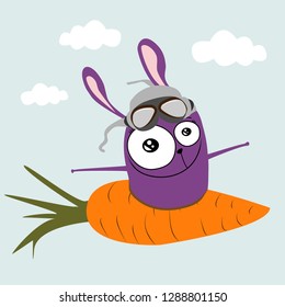 Illustration of a funny purple rabbit pilot flying on a carrot, like on a plane through the clouds in a pilot's hat. Vector graphics for t-shirt, greeting card.