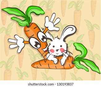 Illustration of funny rabbit with cartoon carrot