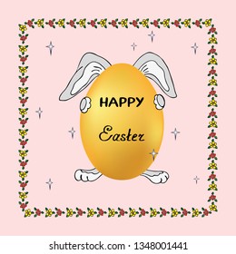 Illustration of funny rabbit holding egg for a holiday, cartoon for the decoration of greeting cards in celebration of the Resurrection 