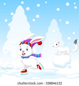 Illustration of funny rabbit on ice skates 