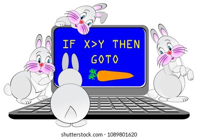 Illustration of funny rabbits studying computer, vector cartoon image.