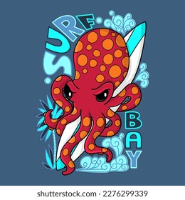 Illustration of a funny red octopus holding a surfboard ready to surf, surrounded by waves, a palm tree and hand drawn lettering, design for t-shirt