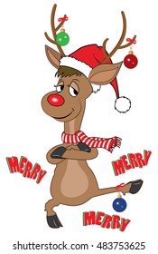 Illustration of funny reindeer with a big red nose, dancing, wearing a Santa hat and red and white scarf with Christmas decorations hanging from his antlers and foot.