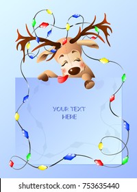 Illustration of a funny reindeer with place your text here. Deer tangled in Christmas lights. 