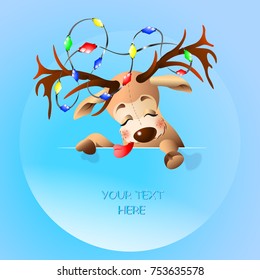 Illustration of a funny reindeer with place your text here. Deer tangled in Christmas lights.