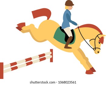 Illustration of a funny rider and horse jump over obstacle.