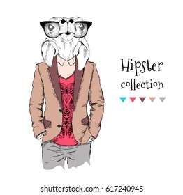 Illustration of a funny roe deer hipster dressed up in jacket, pants and sweater. Vector illustration