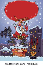 Illustration of funny Santa with sack falling in chimney.