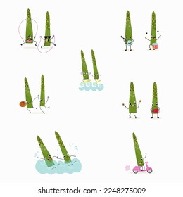 Illustration with funny set of asparagus, collection of characters doing sports, playing musical instruments, riding. Funny and healthy food. Cute face food, ingredients, vegetarianism, vector cartoon