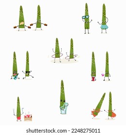 Illustration with funny set of asparagus, collection of characters doing sports, playing musical instruments, riding. Funny and healthy food. Cute face food, ingredients, vegetarianism, vector cartoon