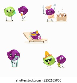 Illustration with funny set of cabbage, collection of characters doing sports, playing musical instruments, riding. Funny and healthy food. Cute face food, ingredients, vegetarianism, vector cartoon.